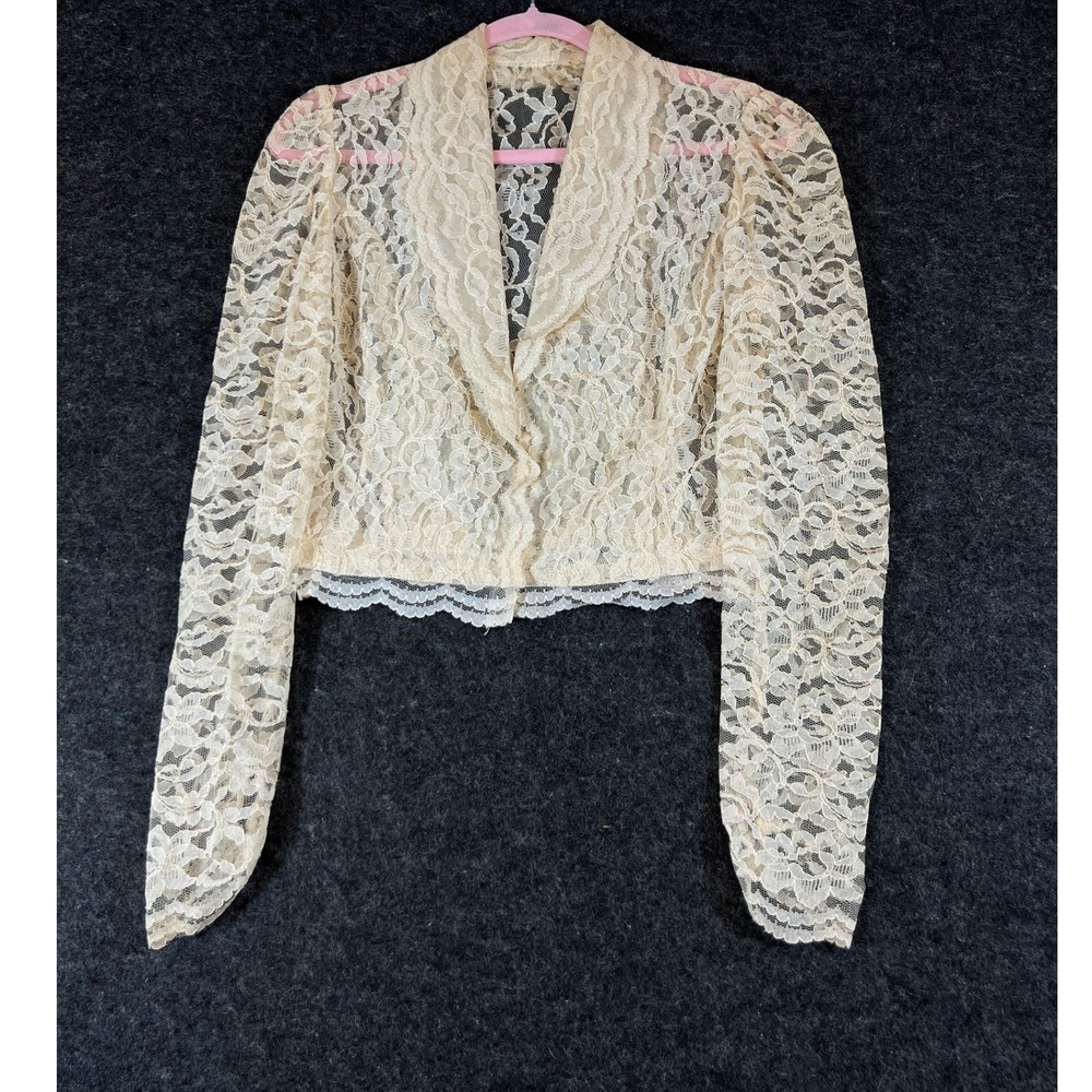 Vintage 70s Cream Floral Lace Bolero Jacket Cropped Shrug Shawl Collar Ivory L